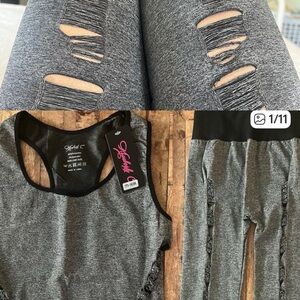 NEW! 2 pc Gray Yoga Warrior Workout Leggings Tank Set Grey Black Distressed NWT